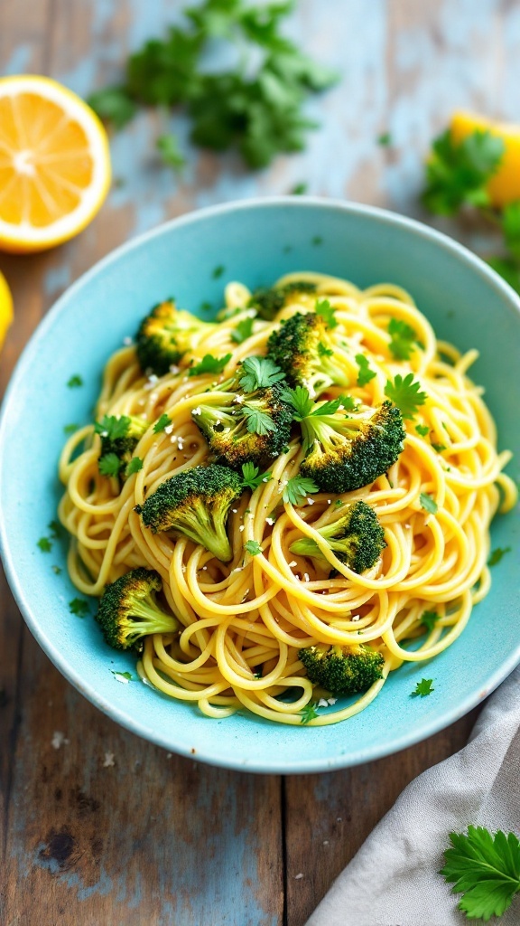 Vegan spaghetti with roasted broccoli and lemon garlic dressing in a rustic bowl.
